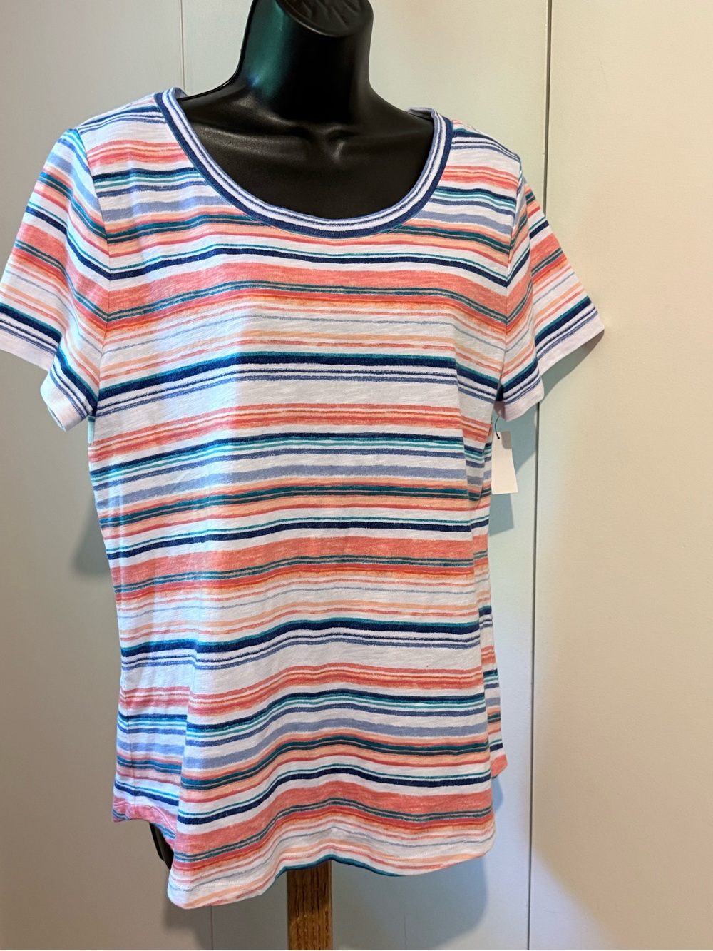 Talbots Striped Scoop-Neck Women’s Tee - Coral, Navy & White